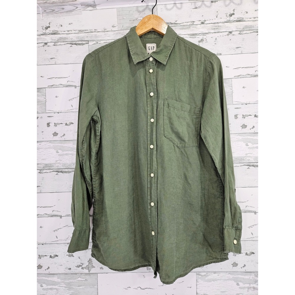 GAP Womens Olive Green 100% Linen Long Sleeve Button Down Shirt Size S